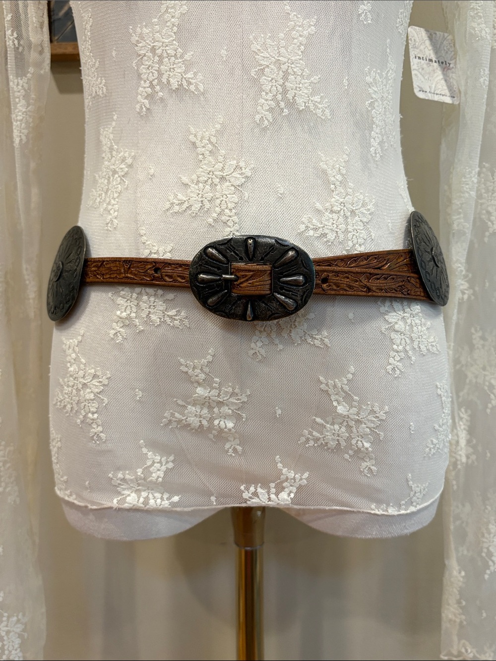 Vintage Polo Ralph Lauren Western Tooled Leather Skinny Concho Belt size Medium